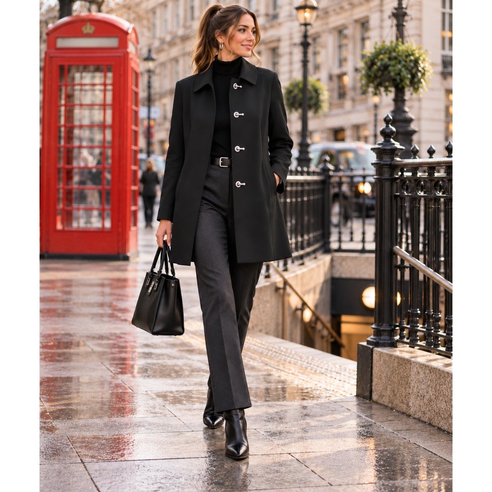 London Fog Black Hooded 3/4 Trench Coat with Silver Clasps, Size PL